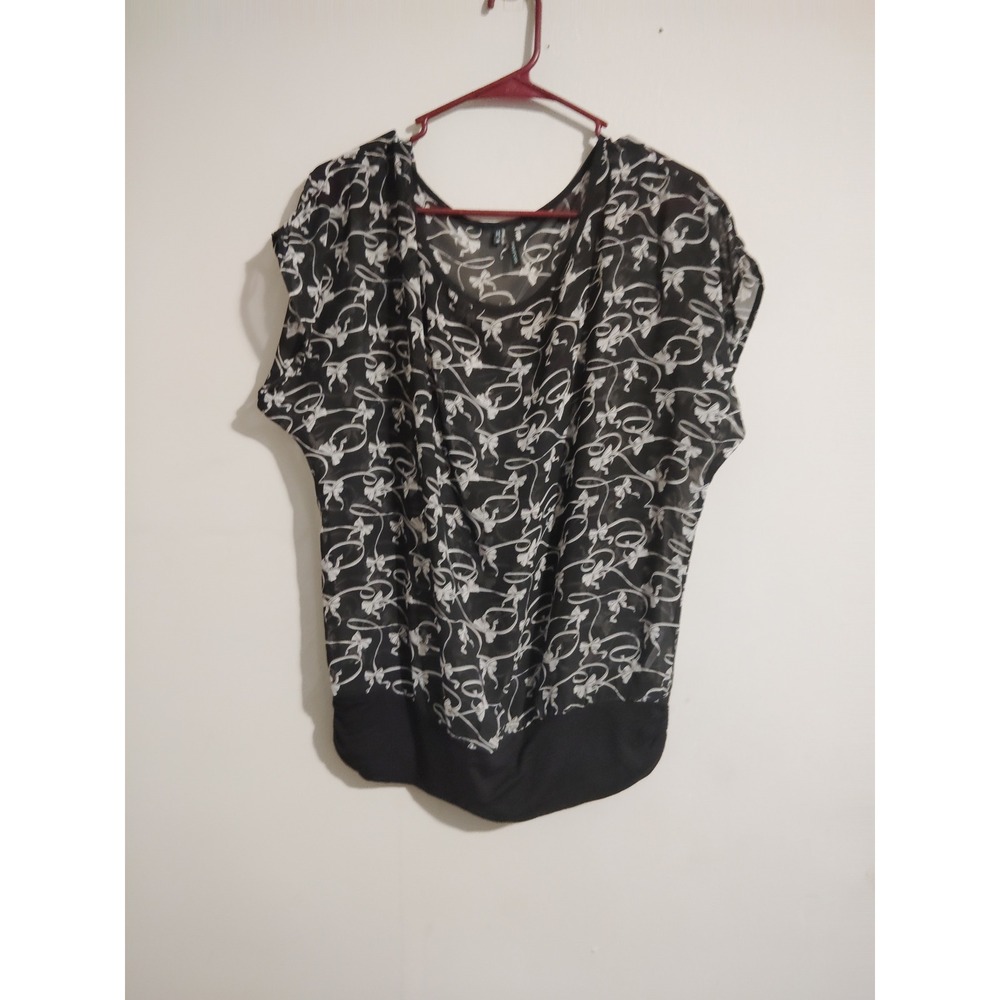 Maurices‎ Womens Black White Bow Print Sheer Blouse Banded Hem Top Size Medium